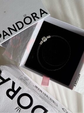Pandora Black Braided Leather Bracelet – Sterling Silver Clasp S925 ALE